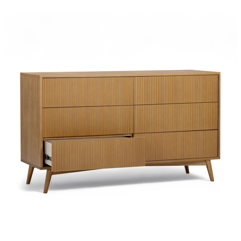 Tremolo 6 Drawers Dresser With Push-Open Design & Contemporary Fluted Fronts for Bedroom Organization, Natural