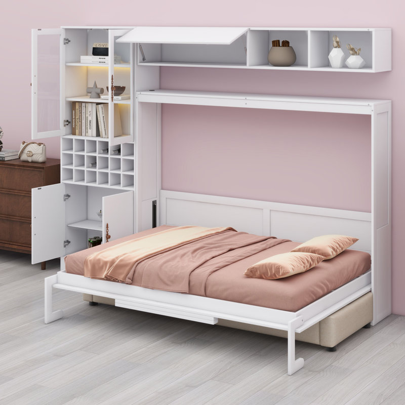 Lit escamotable mural avec canapé, tablettes USB et lumière Murphy, Blanc