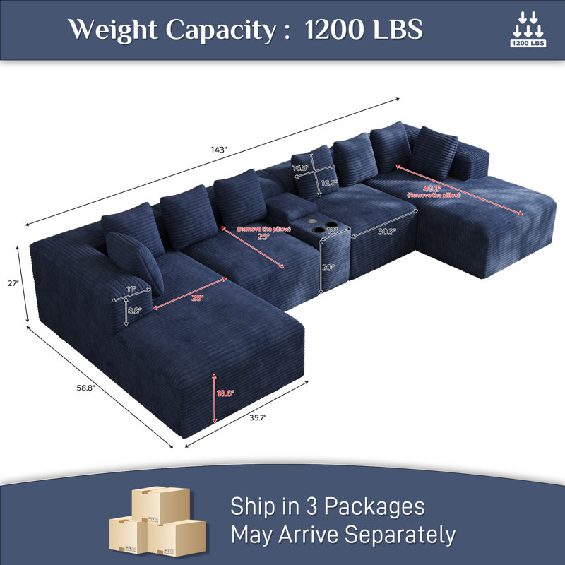 Boneless 143"W 5 - Piece No Assembly Required Sectional Sofa With Chaises, Console & Cup Holder, Blue