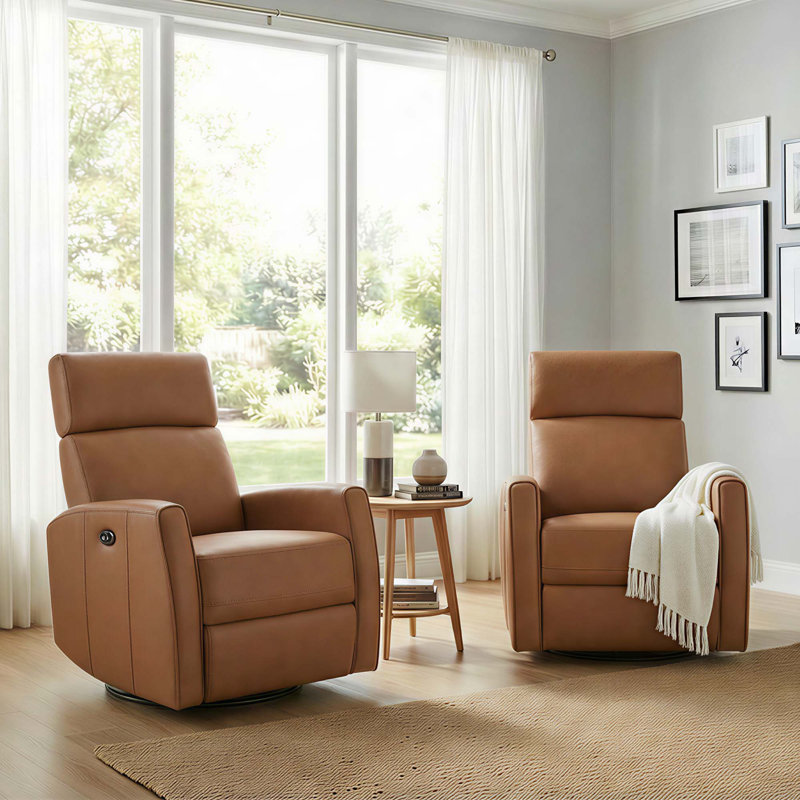 Top Grain Genuine Leather Power Swivel Glider Recliner with Dual Armrests （Set of 2), Aline Butternut