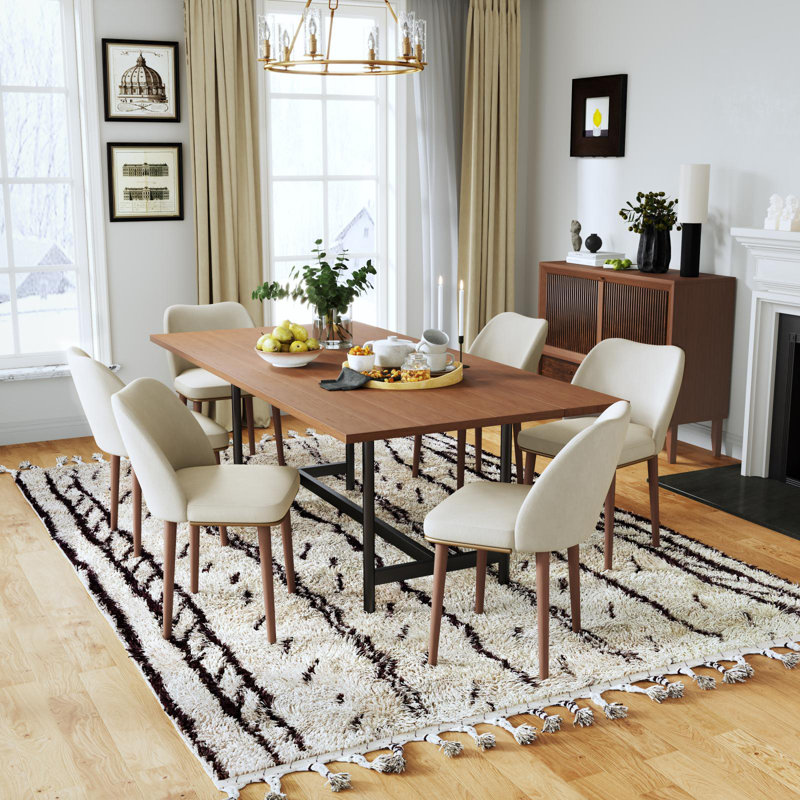 Mid-Century Upholstered Dining Chairs with Solid Wood Legs, Curved Back, Beige