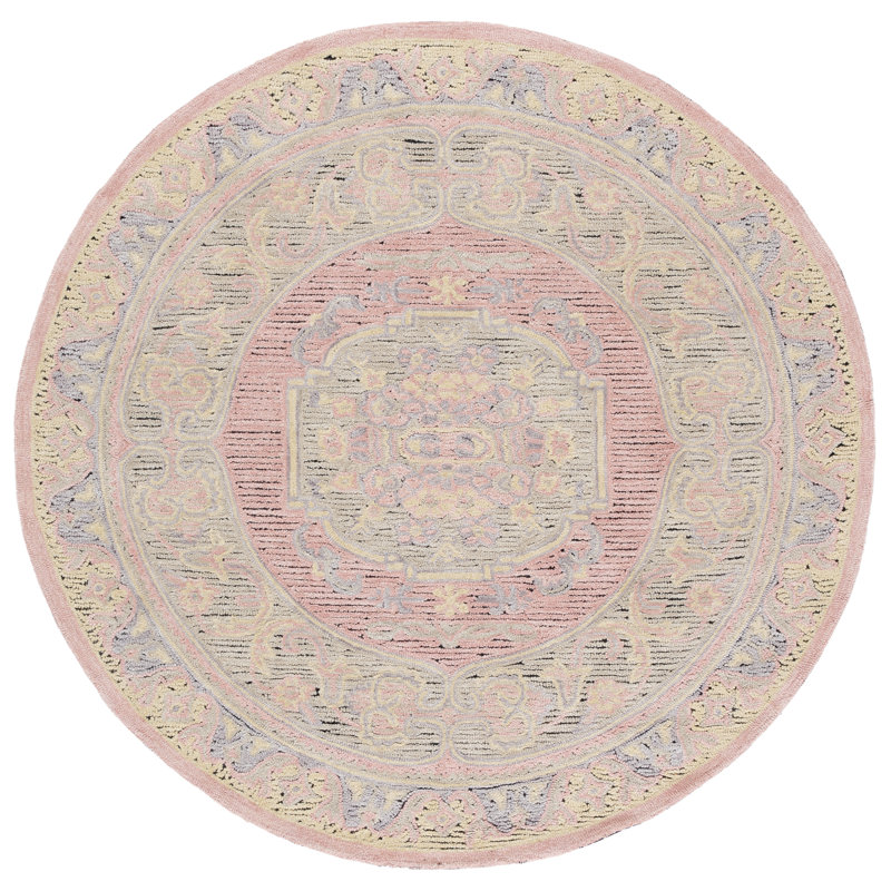 Tapis rose / beige en laine / coton touffeté à la main Savonnerie 401, Rond 6 pi