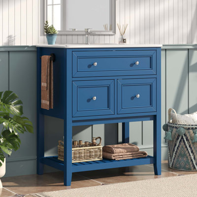 Meuble-lavabo de 30 po avec lavabo en céramique, armoire de rangement autoportante avec tiroir basculant, 2 tiroirs et tablette à lattes ouverte, porte-serviettes latéral réversible, poignées en métal, panneau de fibres à densité moyenne
