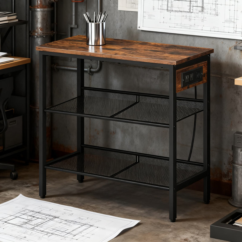 Table de bout étroite à 3 niveaux avec station de charge, tablettes réglables pour petits espaces, salon, chambre à coucher, design industriel rustique