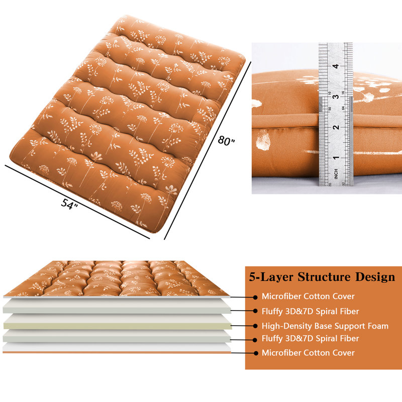 Matelas de futon japonais imprimé, lit de sol pliable, tapis de tatami pour le camping, chambre d'amis, Double, Rouge brique