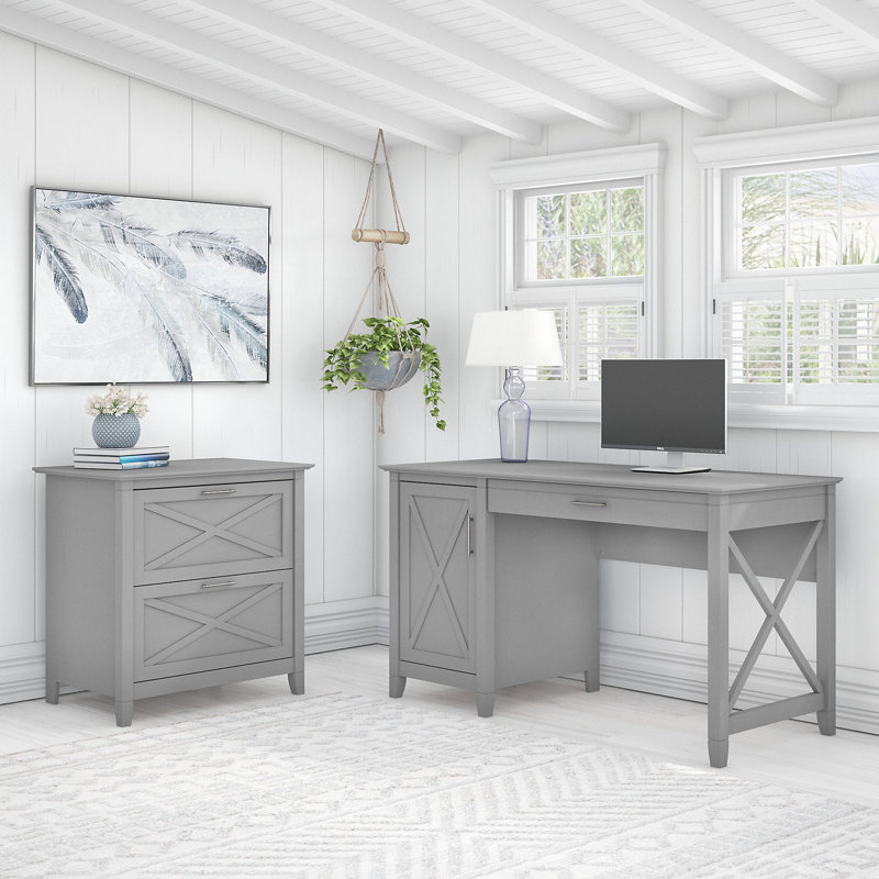 Bureau d'ordinateur et classeur latéral à 3 tiroirs Ozro, Gris Cape Cod