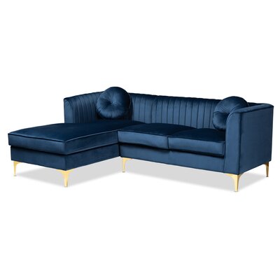 Glam And Luxe Navy Blue Velvet Fabric Upholstered Mirrored Gold Finished Left Facing Sectional Sofa With Chaise -  Everly Quinn, AD98E7AA8A1B4E61AB07E95A698DD107