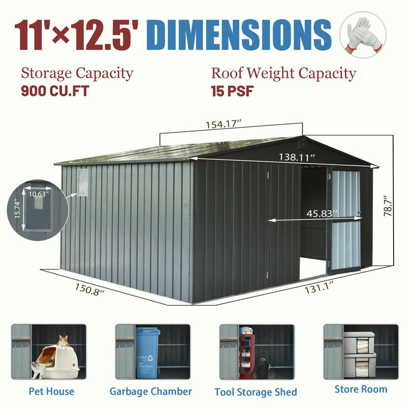 Remise de rangement en métal, H 78,7 po x l 138,11 po x P 154,17 po