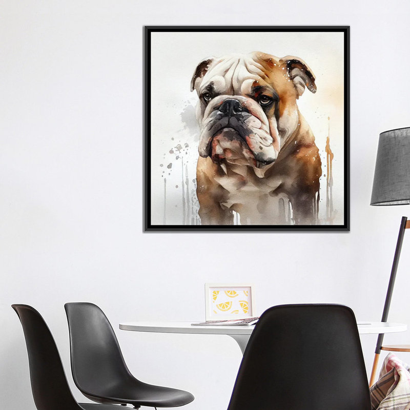 Aquarelle, bouledogue britannique, Toile avec cadre flottant noir, H 37 po x l 37 po x P 1,5 po