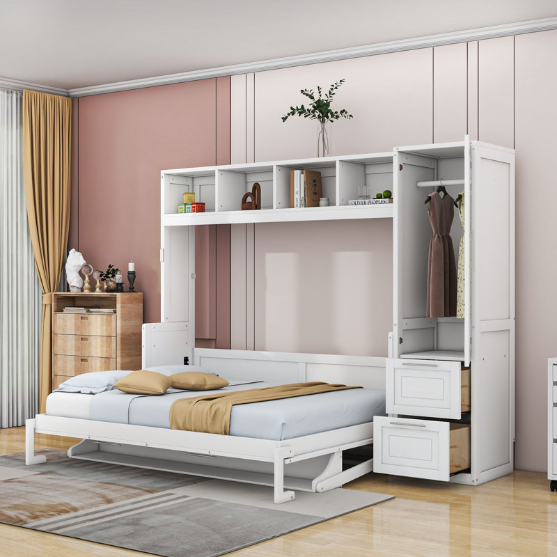 Lit escamotable Ajae avec bibliothèque de rangement, tiroirs et garde-robe, Blanc, Grand