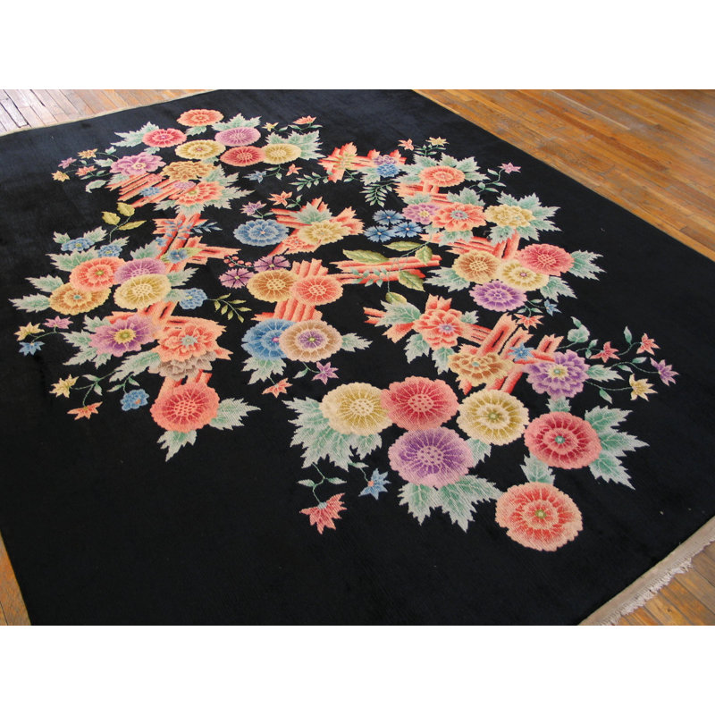 Tapis art déco antique chinois à motif floral coloré excitant
