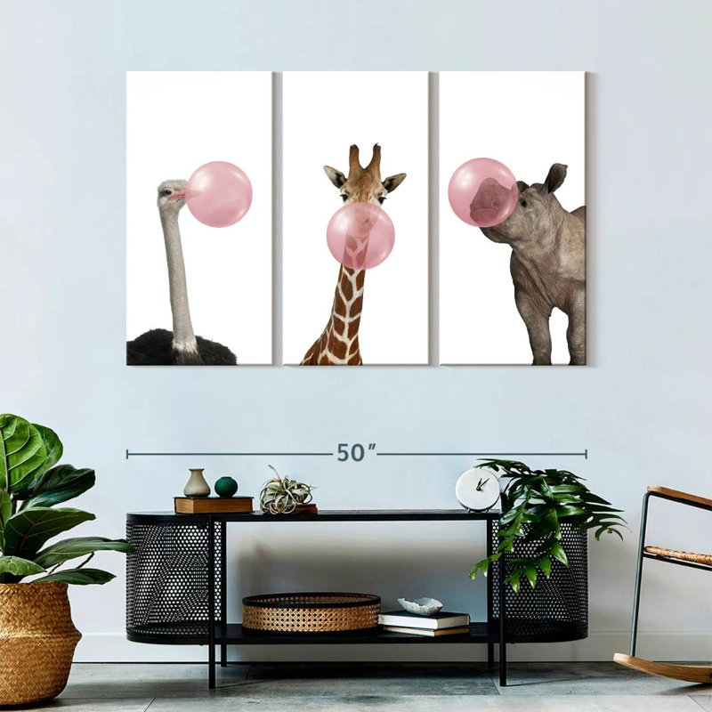 Ensemble de 3 animaux rigolos sur toile, H 32 po x l 50 po