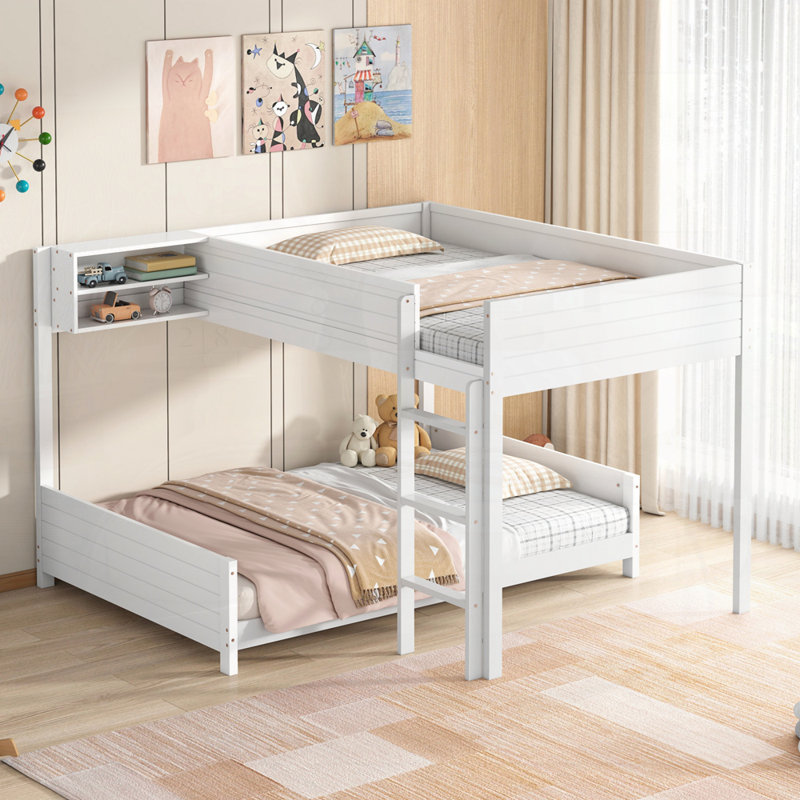 Lit superposé en bois double TG avec tablette de rangement intégrée et échelle, avec support à lattes, Blanc