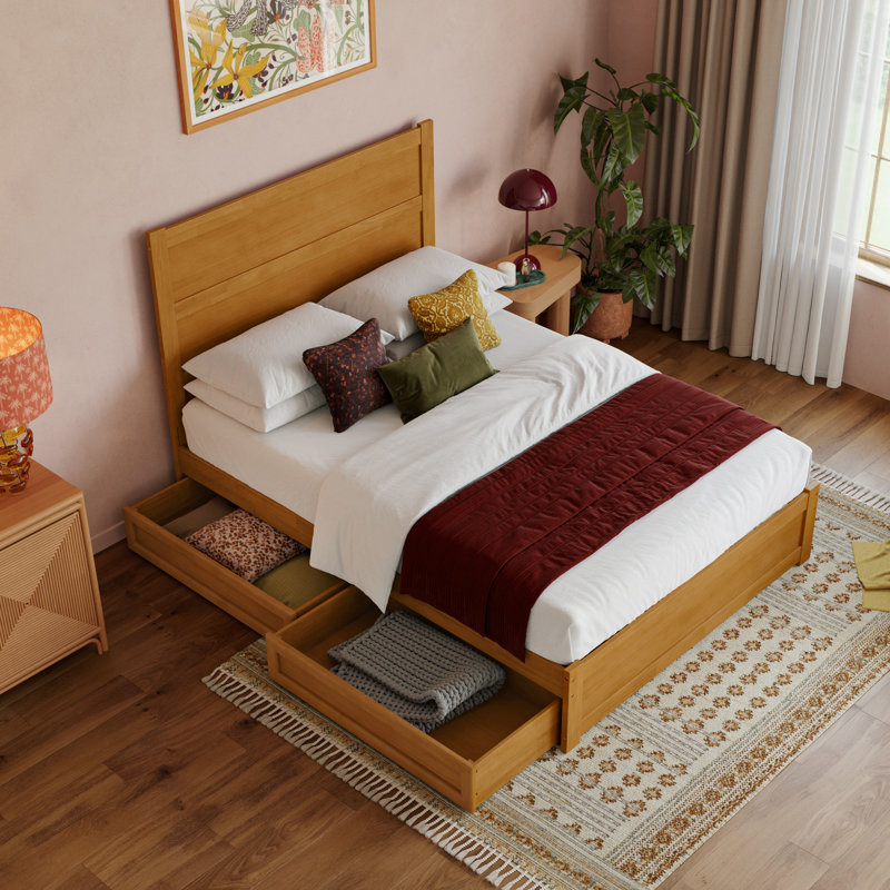Lit plateforme avec tiroirs de rangement en bois Aveline, Lit double, Caramel clair