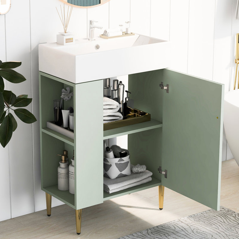 Meuble-lavabo de salle de bain avec lavabo en céramique et plateau de rangement polyvalent