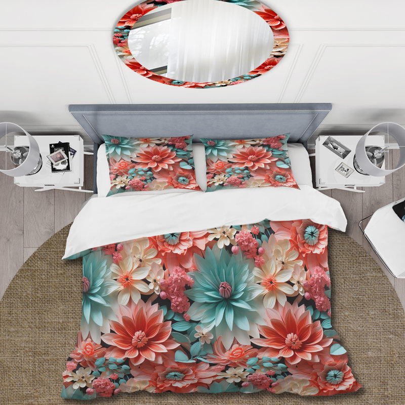 Coral Serenade Tropical Pattern Duvet Cover, Queen Duvet Cover + 2 Standard Shams