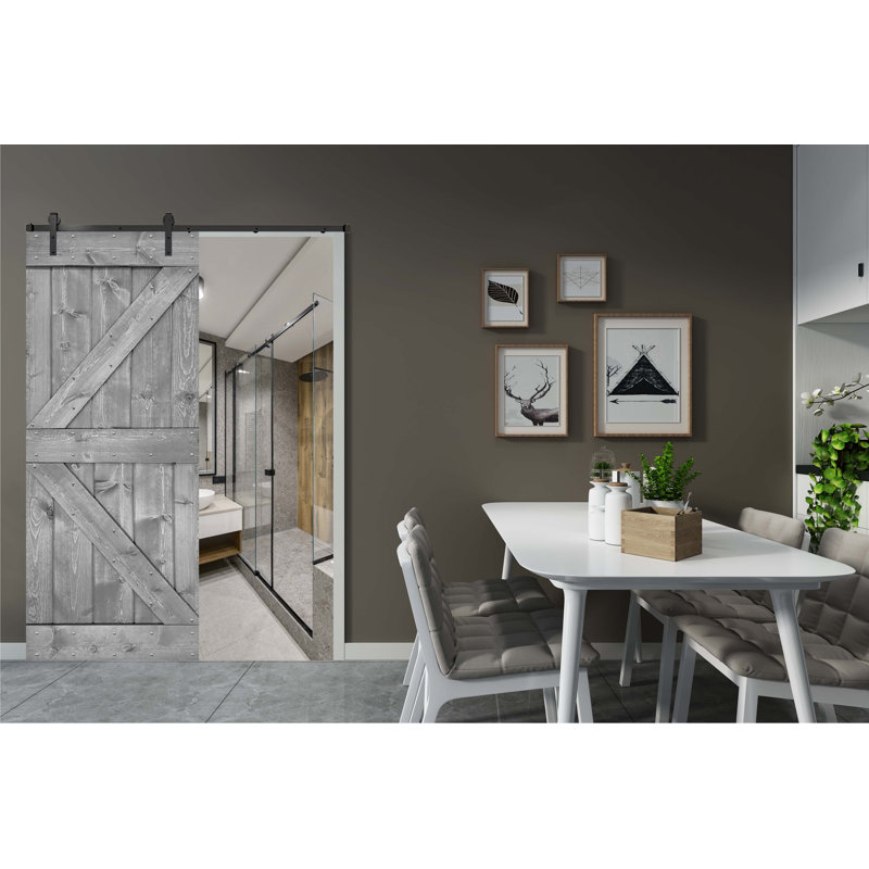 Porte de grange en bois massif DIY 3 en 1 pour chambres, espaces de rangement, placards, 28 po x 84 po, Gris