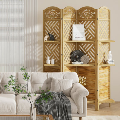 Wood Carved Room Divider with Shelves - Louvered Folding Partition Screen