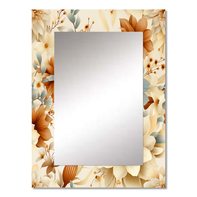 Soft Beige Warm Brown Floral Pattern - Floral Large Mirror, Floral Decorative Wall Mirror, Printed Metal Art