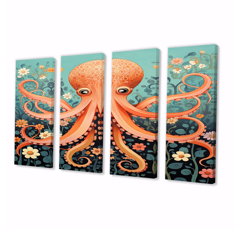 Décoration murale orange pieuvre orange - pieuvre 4 pièces, H 28 po x l 48 po