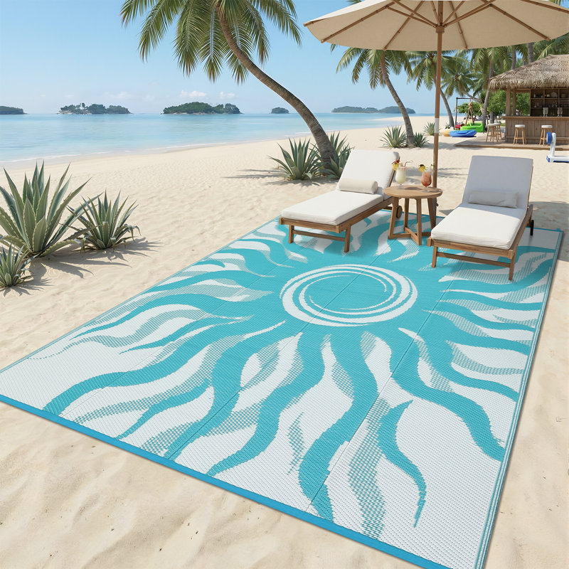 Modern Reversible Abstract Outdoor Area Rug - Stain Resistant, UV Resistant, Washable , Waterproof, Blue, Rectangle 8' x 10'