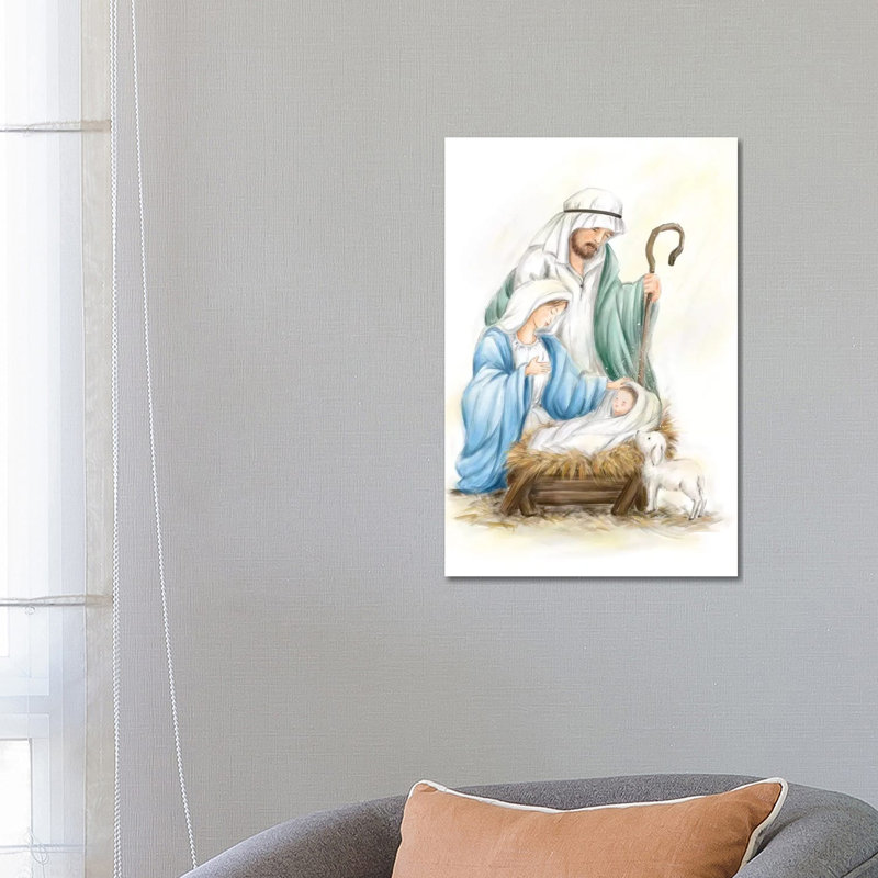 Nativité Jésus bébé par Makiko - peinture sur toile tendue, H 26 po x l 18 po x 1,5 po