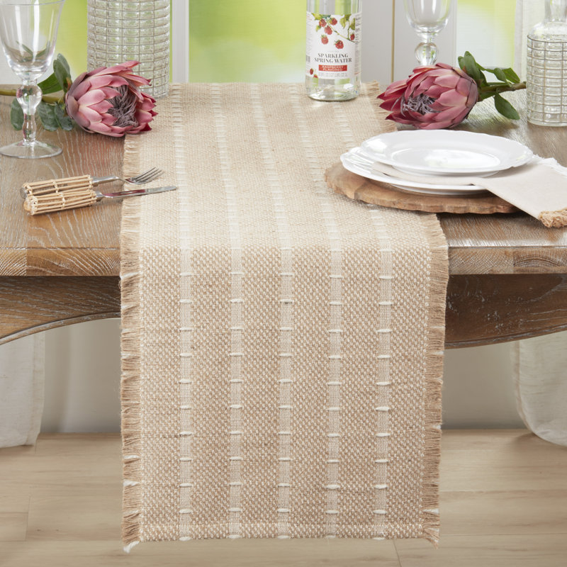 Chemin de table en jute et en laine tissé - Chemin de table décoratif non réversible naturel pour table de salle à manger, 14 po x 72 po