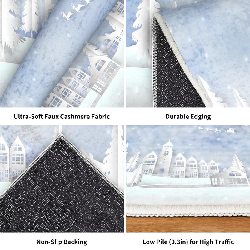 Tapis d'intérieur blanc lavable à la machine, motif Père Noël et neige pour les fêtes d'hiver, Rectangle 79 po x 118 po