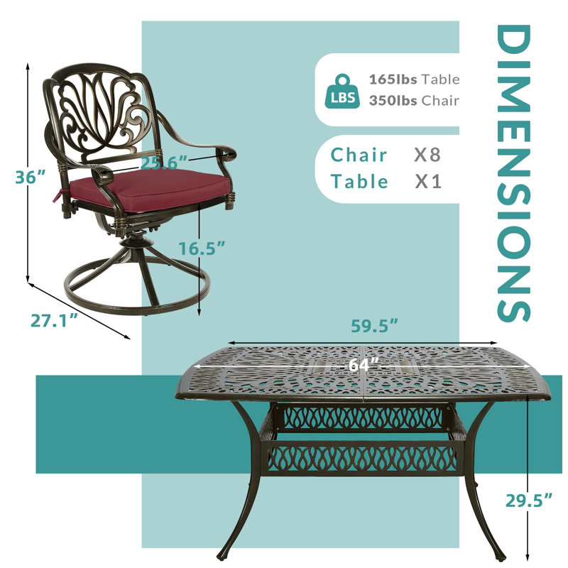 Canora Grey 9-Piece Outdoor Patio Dining Set For 8, All Weather Cast Aluminum Patio Funiture Table And Chairs Set- Large 64" Square Table And 8 Cushioned Swivel Rocker Chairs, Umbrella Hole
