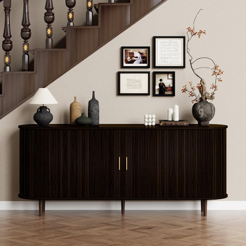 Buffet 70 po avec portes tambour rondes, grand tiroir de rangement, tablettes réglables et pieds en bois massif pour la salle à manger, le salon et le vestibule