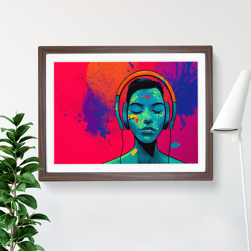 Man With Headphones Abstract - Single Picture Frame Painting, 46cm H x 64cm W x 2cm D, Walnut