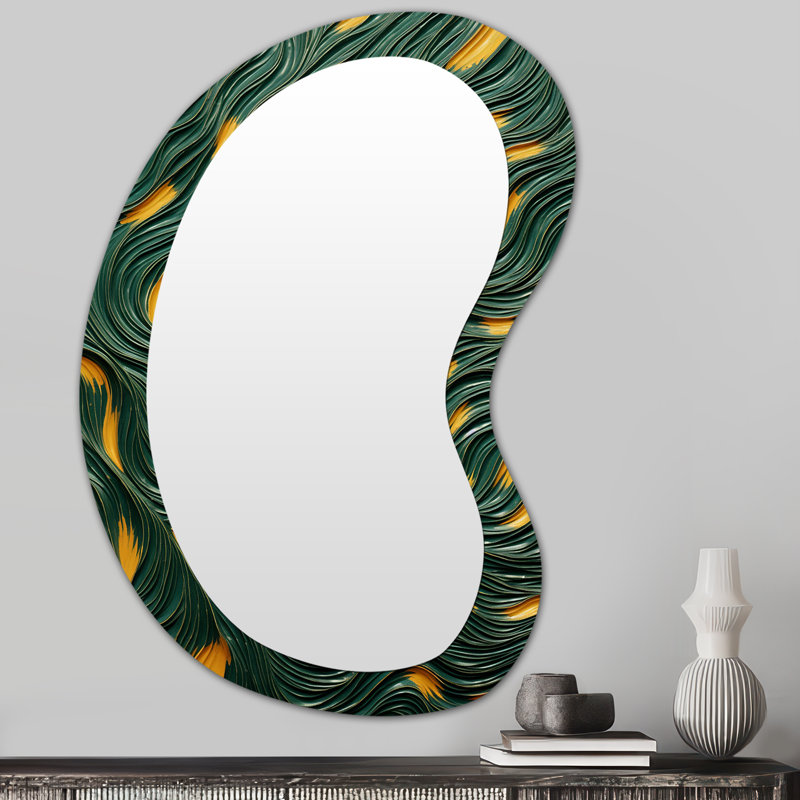 Or et émeraude titre flux - tuile abstraite formes 3D grand miroir mural moderne irrégulier, 31 po x 22 po