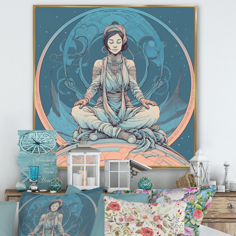 «Retro Yogini Meditation Harmony» en bleu délavé sur toile, H 16 po x l 16 po, Cadre photo argenté