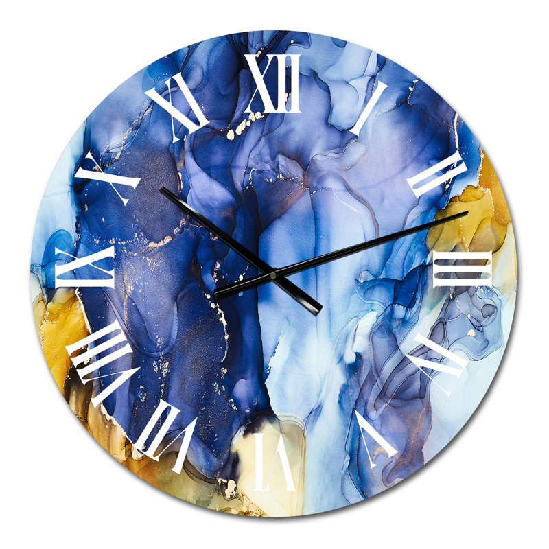 Horloge murale moderne bleue avec art abstrait fluide de luxe III, Moyen
