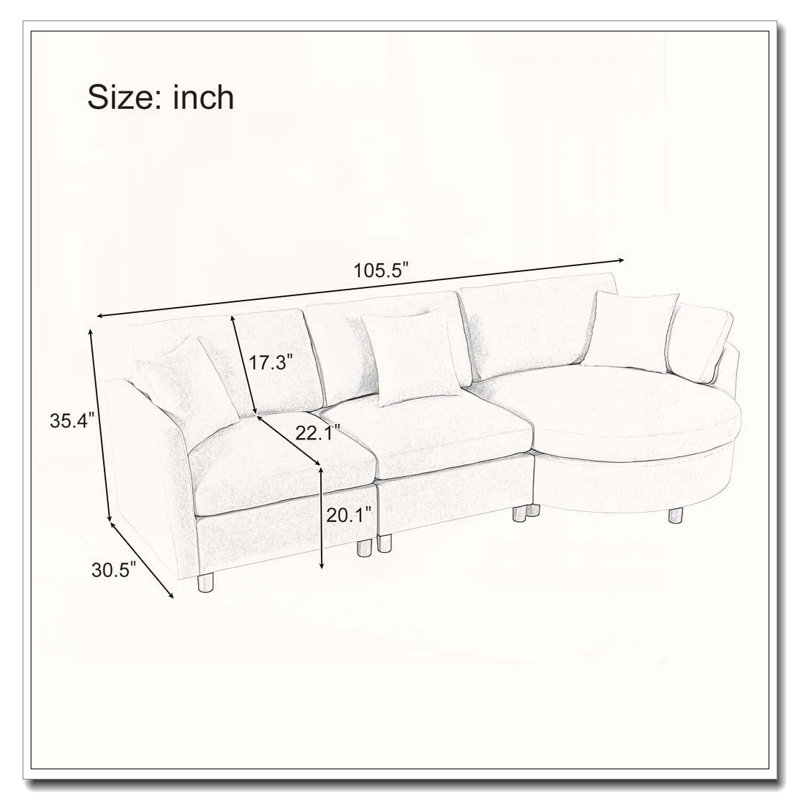 Canapé modulaire en tissu chenille 3 pièces 105 po avec méridienne incurvée 105 po, Grey, H 35,4 po x l 105,5 po x P 30,5 po