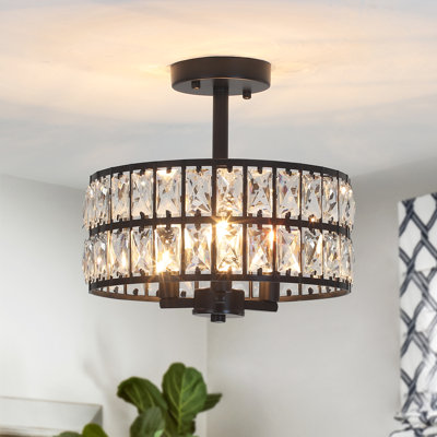 3-Light Crystal Ceiling Light Fixture Semi Flush Mount Chandelier with Drum Shade