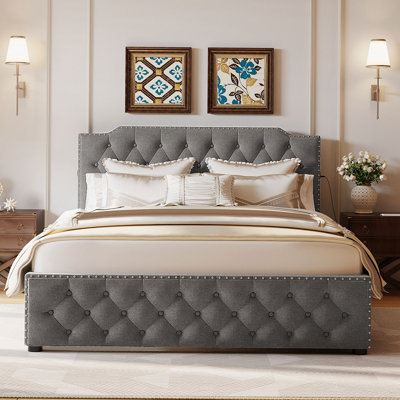 Upholstered Platform Bed With 2 Drawers And 2 Sets Of USB Ports On Each Side, Linen Fabric -  Darby Home Co, 9847F297D3EB40B79D72665F6DA1C668