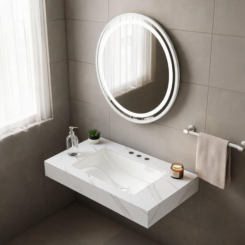 Comptoir en pierre frittée blanche de Carrare de 30 pouces et lavabo encastré en céramique avec trois trous prépercés pour robinetterie standard