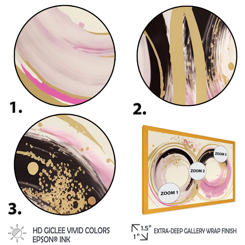 " Pink And Gold Curves III ", Gold Picture Framed Canvas, 12" H x 20" W x 1" D