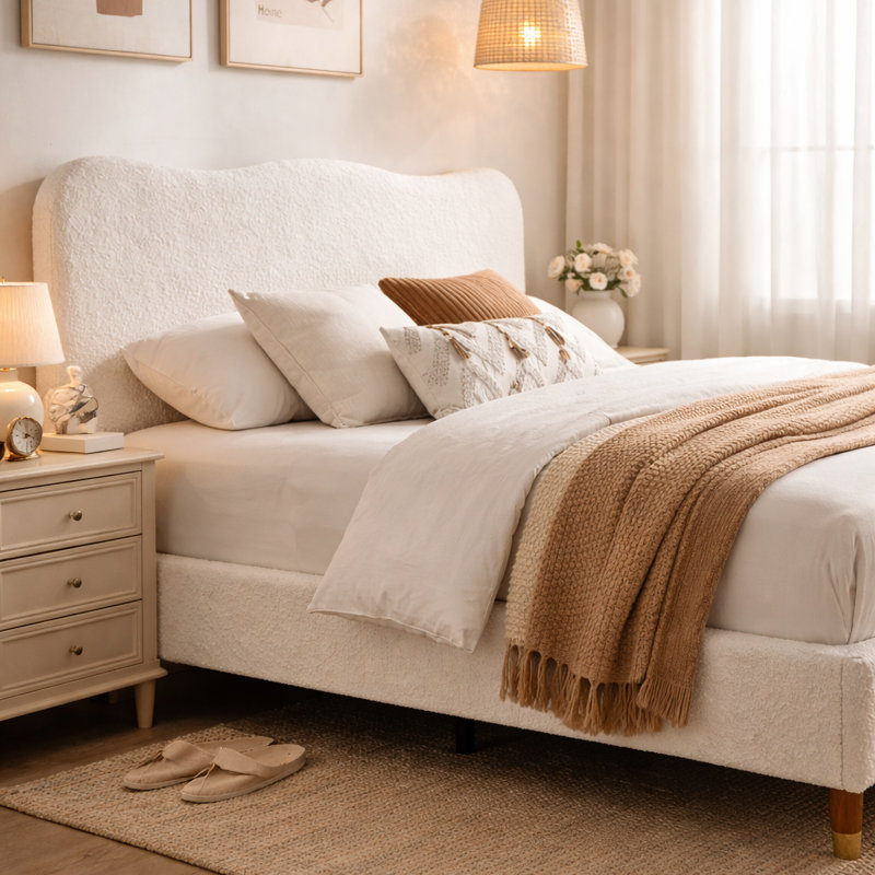 Wauseon Boucle Upholstered Platform Bed With Adjustable Headboard, Queen