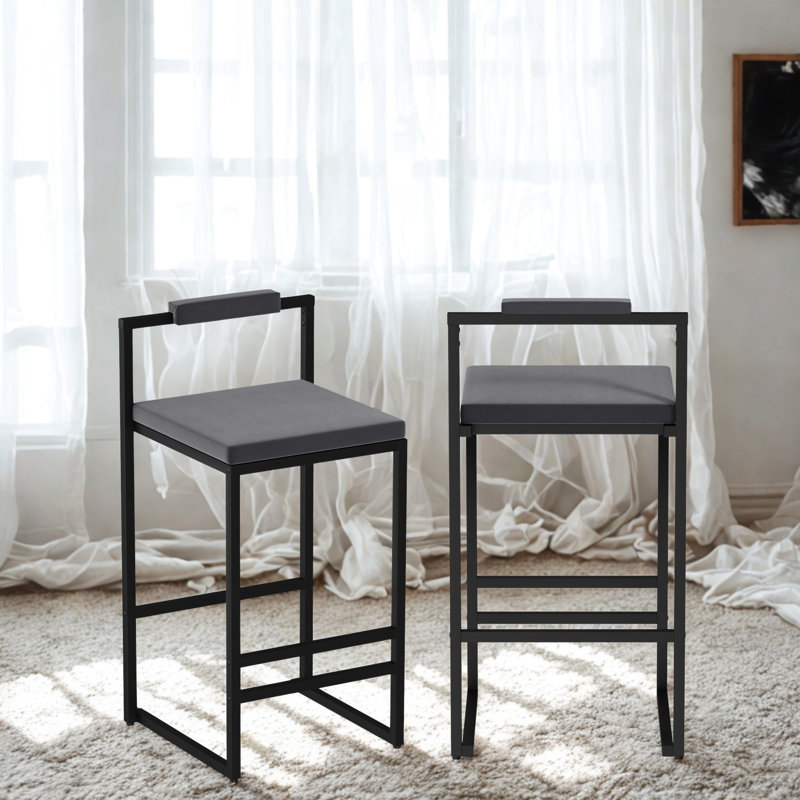 Tabourets de bar rembourrés en velours à hauteur de comptoir pour îlot de cuisine, ensemble de 2 chaises de salle à manger modernes avec repose-pieds et dossier (noir et gris)