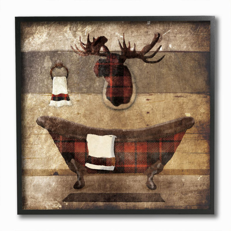 «Plaid Cabin Bathroom Country», peinture, H 12 po x l 12 po x P 0,5 po, Giclée encadrée noir minuit