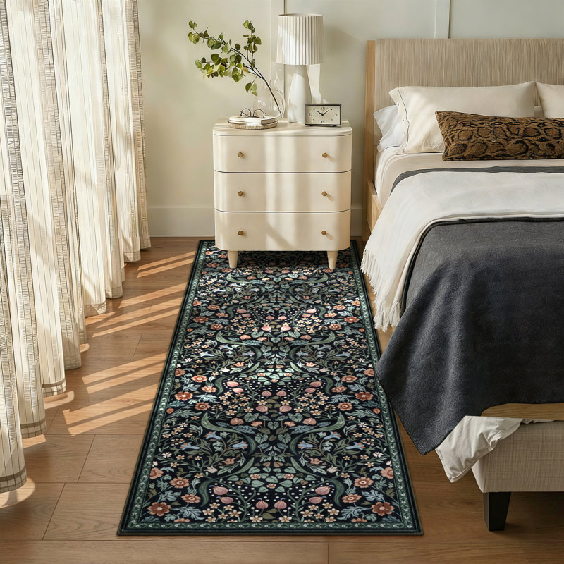 Tapis lavable à motif floral Kaldi, Tapis de couloir 2 pi x 6 pi, Noir