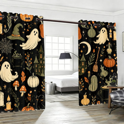 2 pièces Halloween fantôme citrouille chapeau de sorcière rideaux occultants, rideaux festifs de décoration de maison effrayante pour salon chambre à coucher