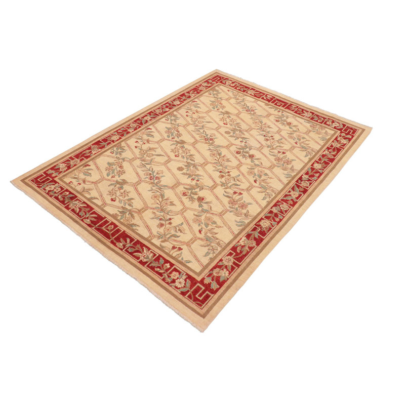 Tapis beige / rouge en laine noué à la main de style oriental rectangulaire 8 pi 3 po x 9 pi 8 po Baccio