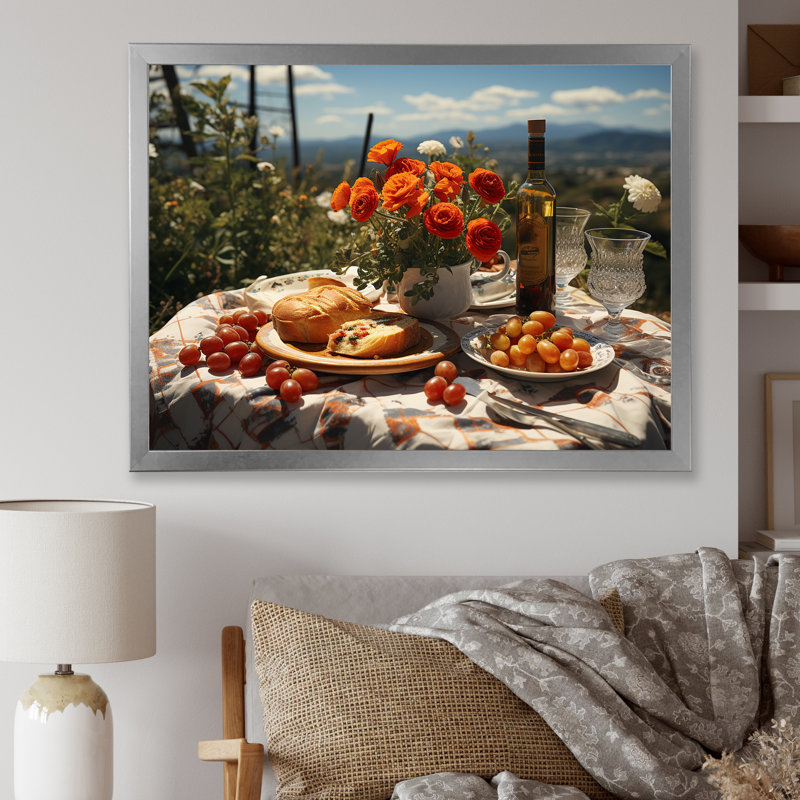 «Joyful Gathering Picnics for Two», reproduction sur toile, Cadre simple argenté, H 24 po x l 32 po x P 1 po