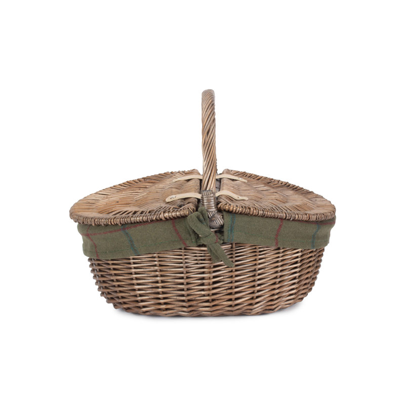 Wicker Picnic Hamper Basket with Lining, Antique Wash/Green Tweed