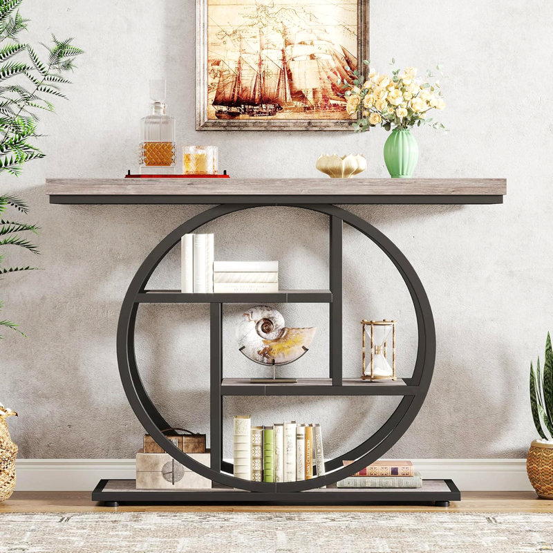 Console industrielle de 41,3 po, canapé gris à 4 niveaux avec cadre métallique circulaire unique et tablettes de rangement, table d'appoint étroite pour le salon, le couloir et le vestibule