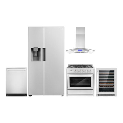 5 Piece Kitchen Package with Side by Side Refrigerator & 35.8 Dual Fuel Range
