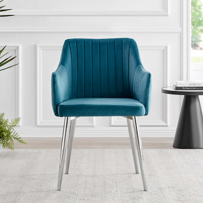 Calley Velvet Bucket Tub Chairs with Tapered Metal Legs and Vertical Stitching, Blue, Silver